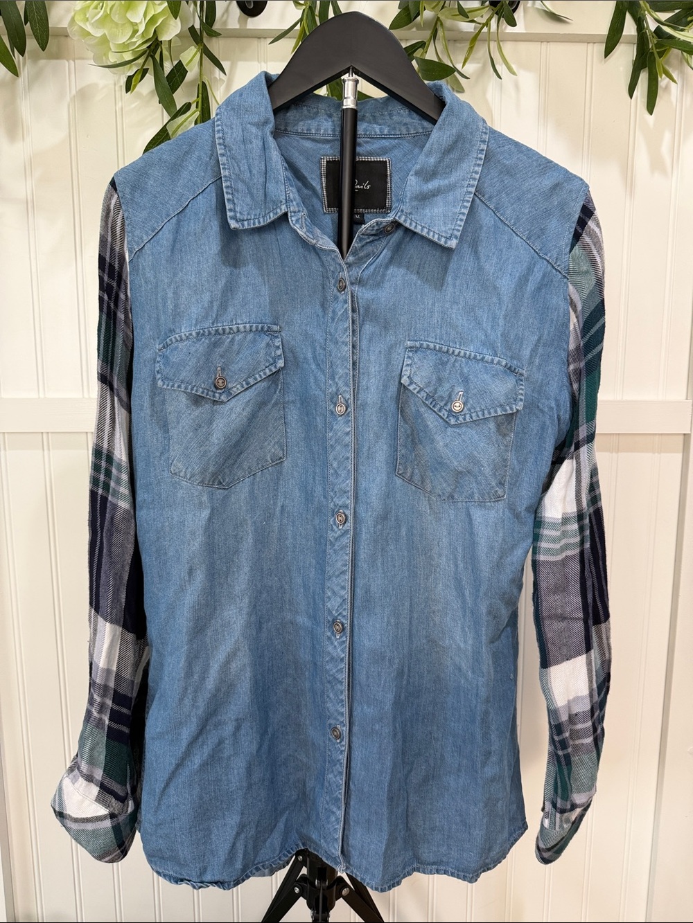 #952 RAILS Blue Tencel Denim with Contrast Green & Navy Plaid Sleeves